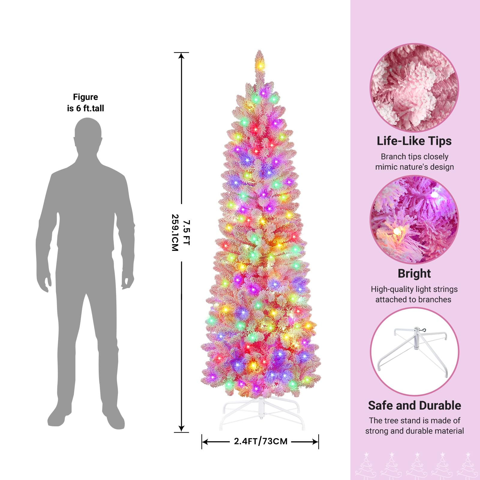 7.5ft Prelit Flocked Pink Artificial Pencil Christmas Trees with RGB Lights - Image 4