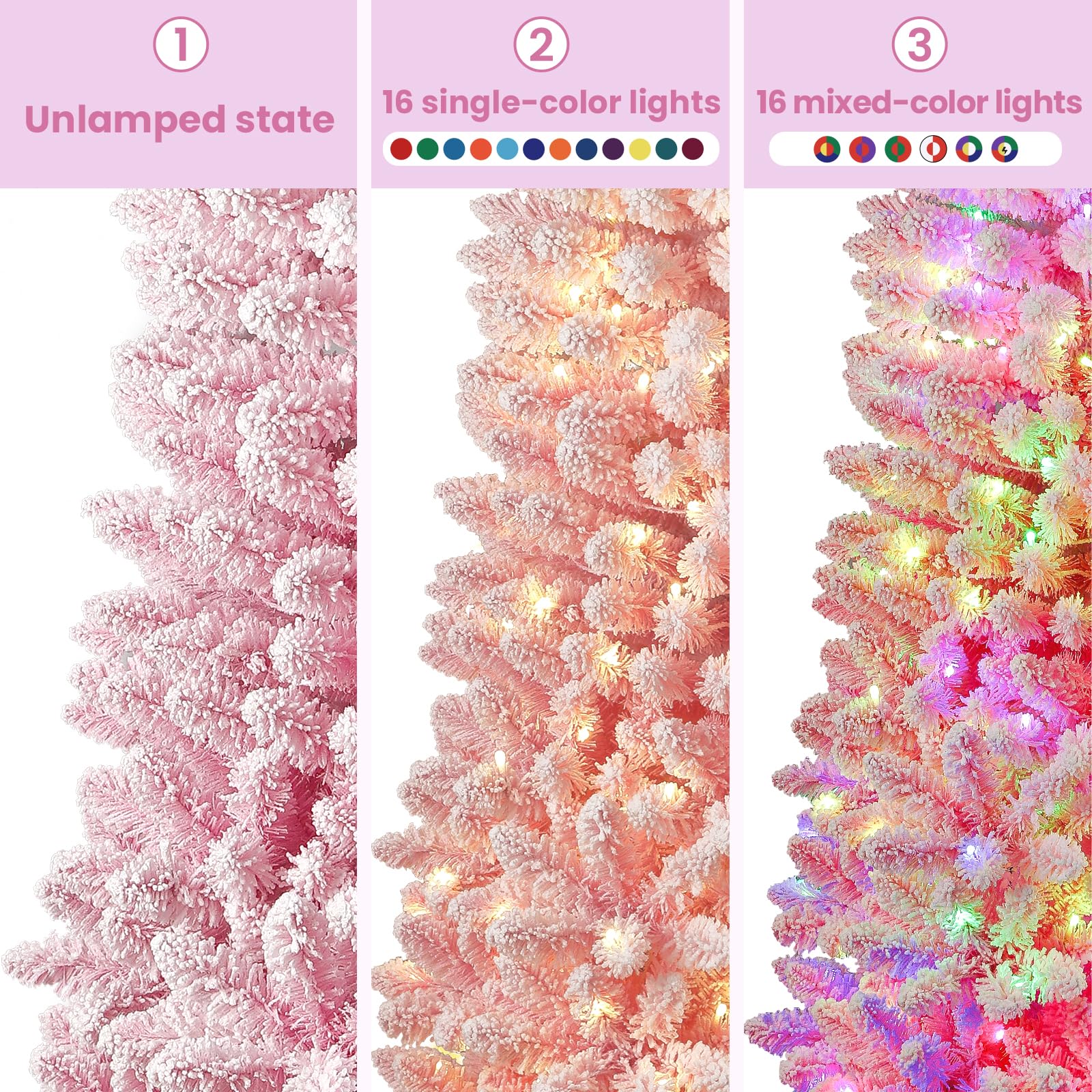 7.5ft Prelit Flocked Pink Artificial Pencil Christmas Trees with RGB Lights - Image 2