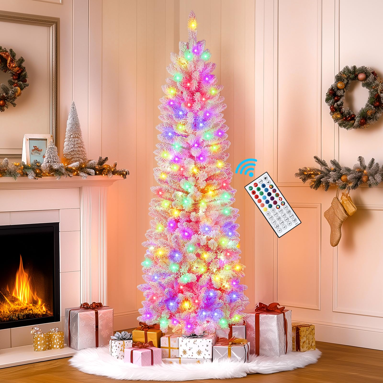 7.5ft Prelit Flocked Pink Artificial Pencil Christmas Trees with RGB Lights - Image 7