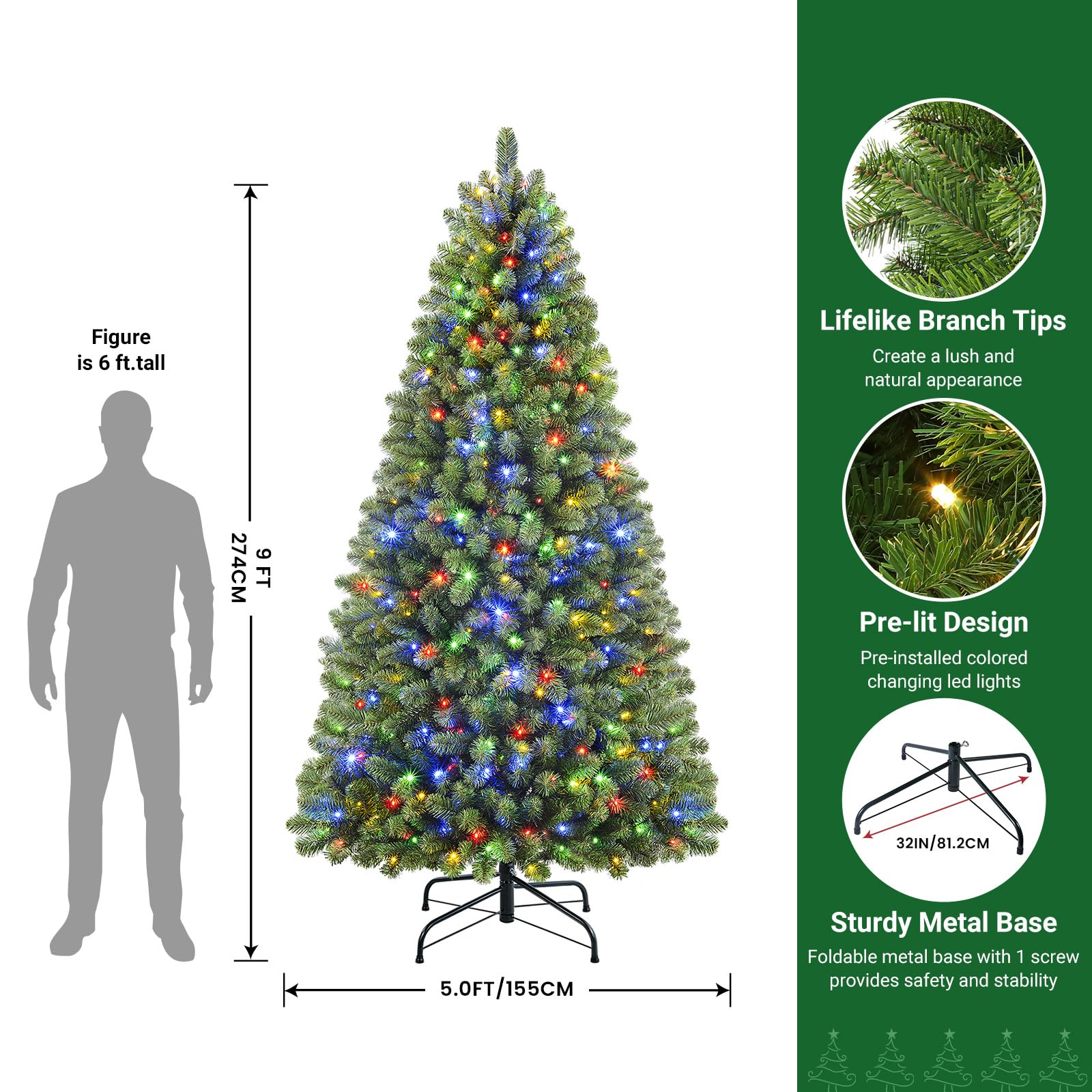 9ft Pre-lit Classic Spruce Artificial Christmas Tree with Multi-Color LED Lights - Image 4