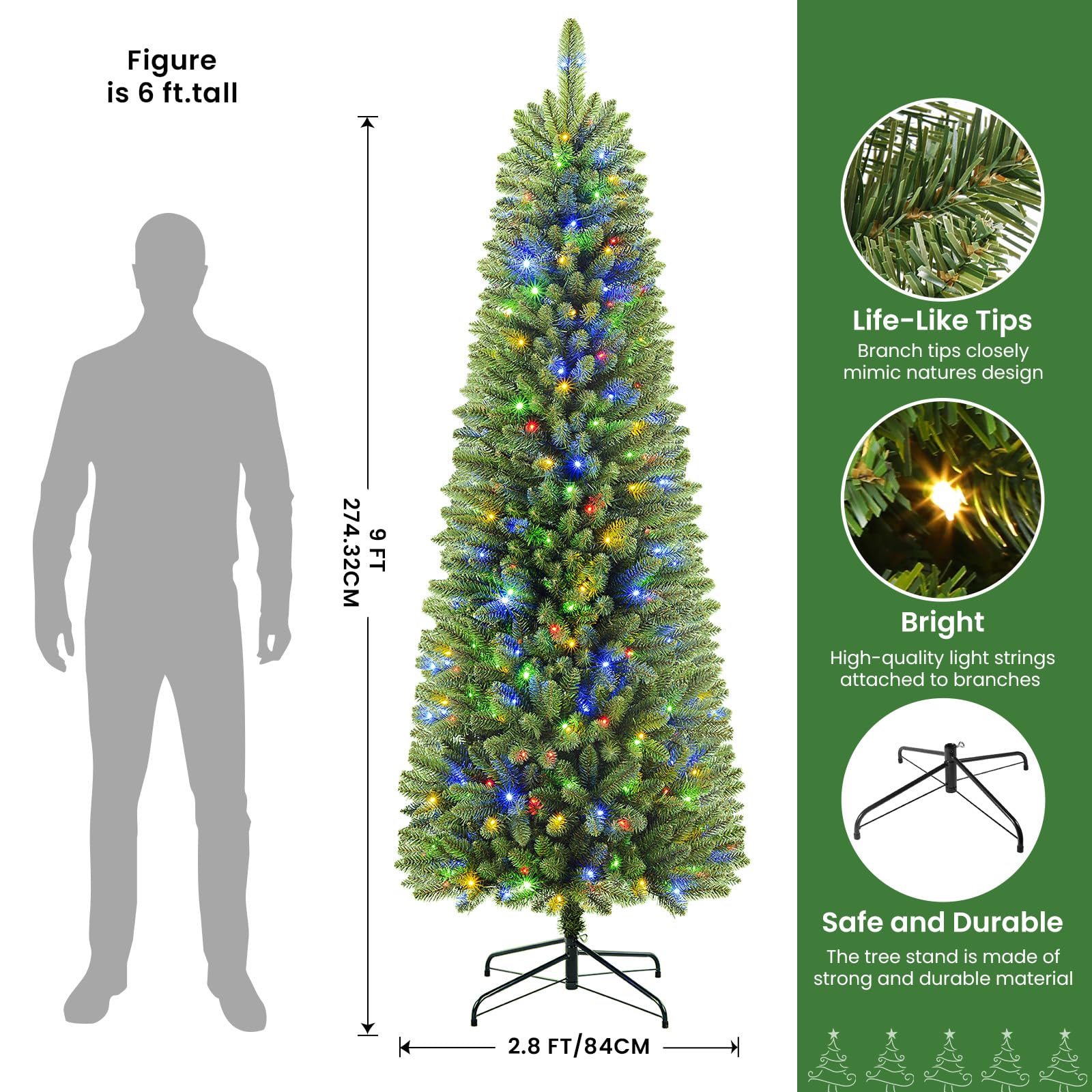9ft Prelit Pencil Warm White & Multi-Color Lights Premium Artificial Hinged Christmas Tree with Remote Control - Image 2