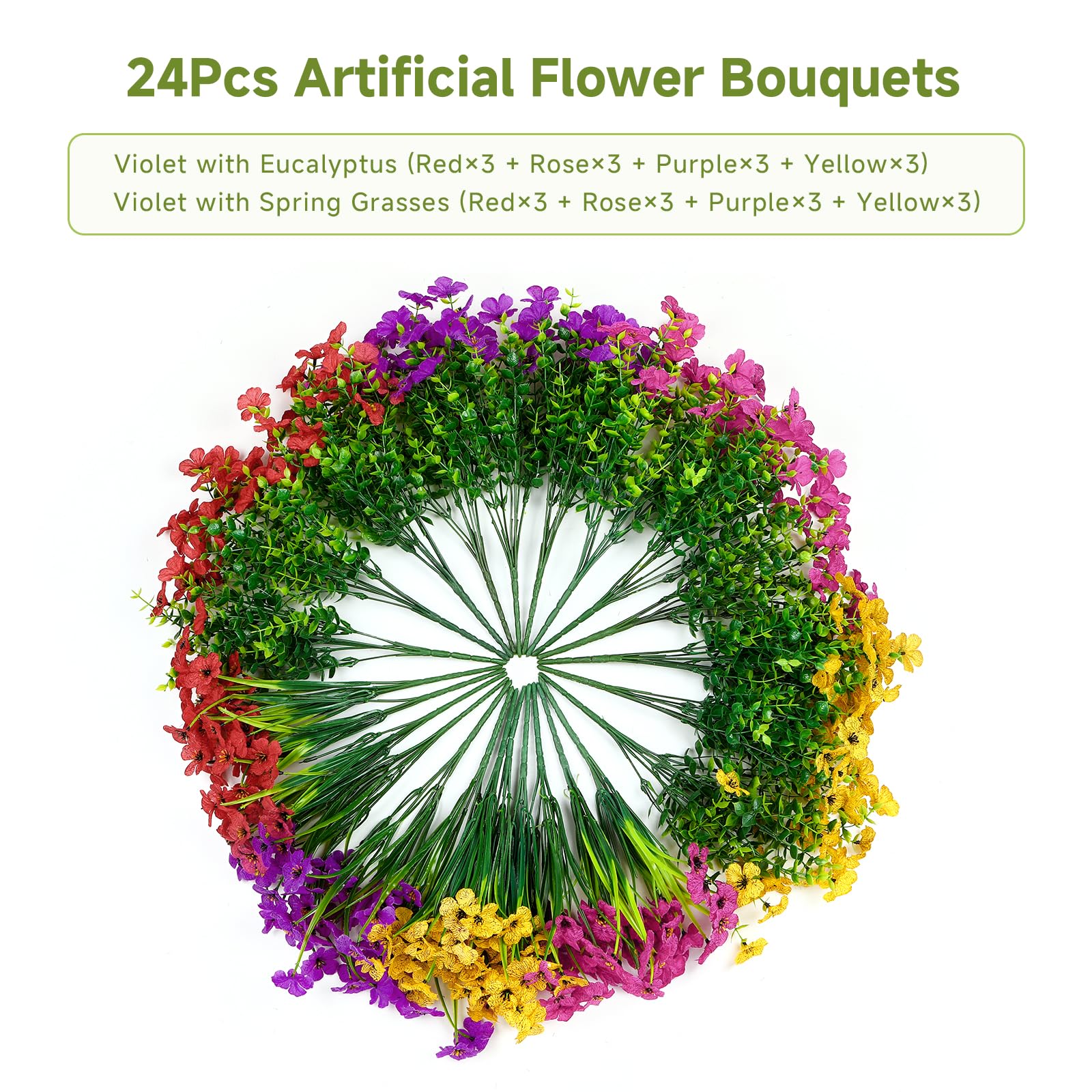 24 Bundles Artificial Faux Flowers Eucalyptus Violets(Mix 4 Colors) - Image 7