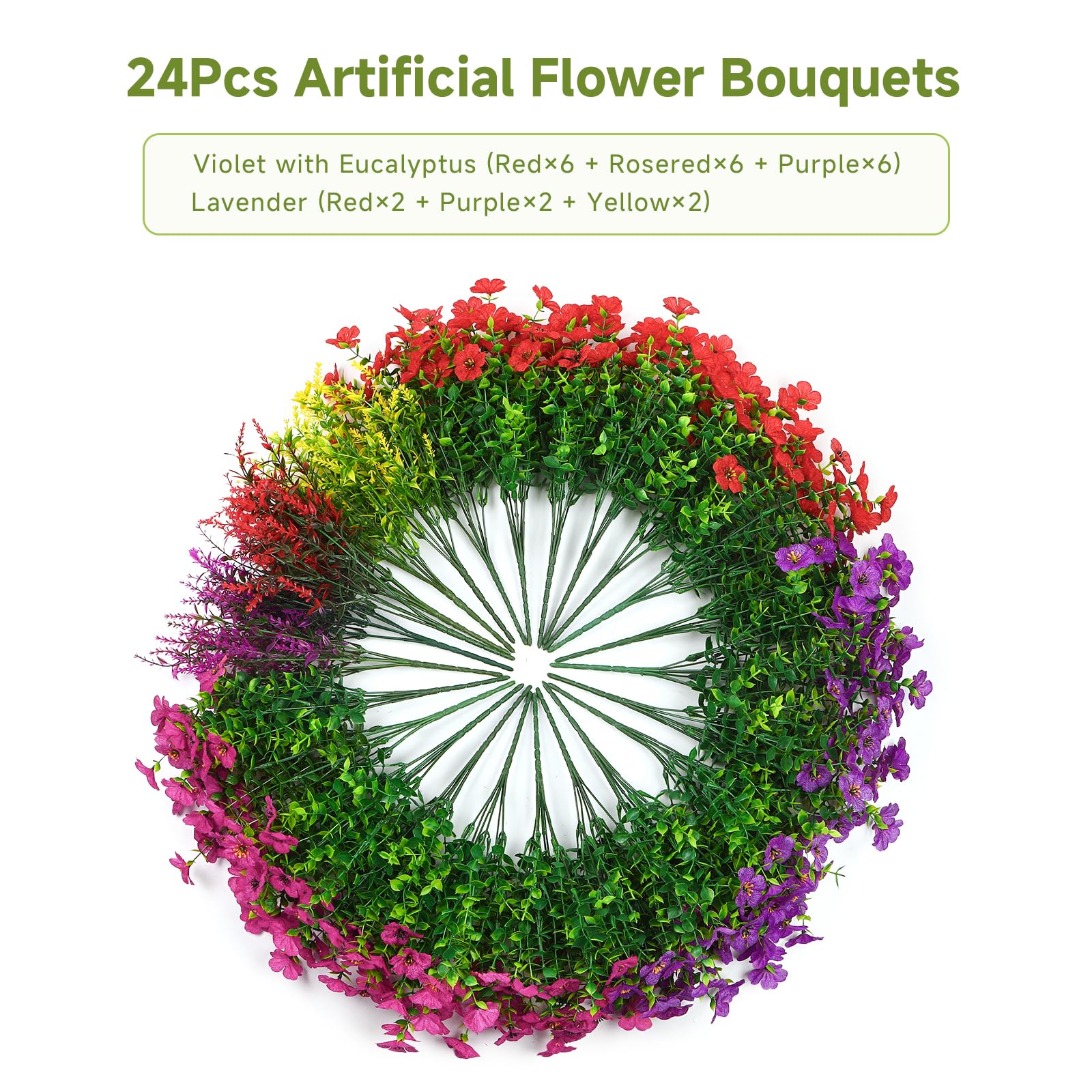 24 Bundles Artificial Faux UV Resistant Eucalyptus Violets Flowers(Mix 4 Colors) - Image 5