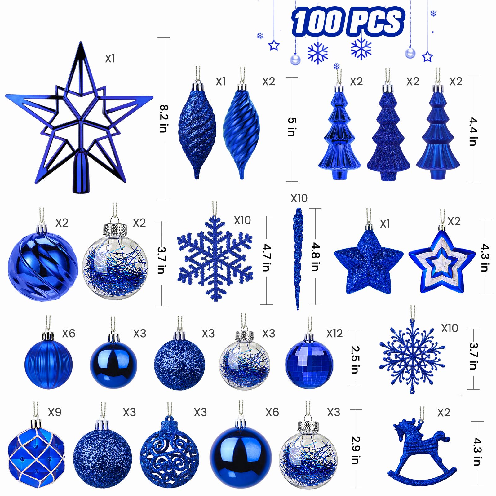 100pcs Blue Christmas Tree Decorations Ornaments Set - Image 6