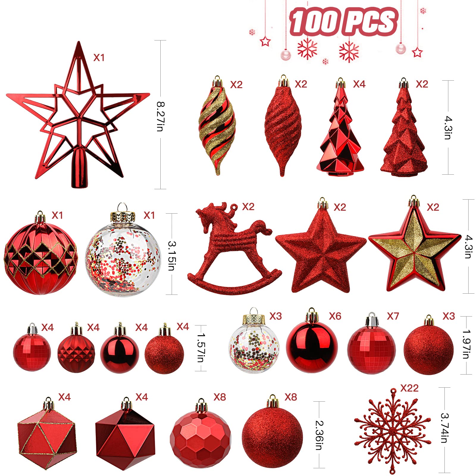 100pcs Red Christmas Tree Decorations Ornaments Set - Image 6