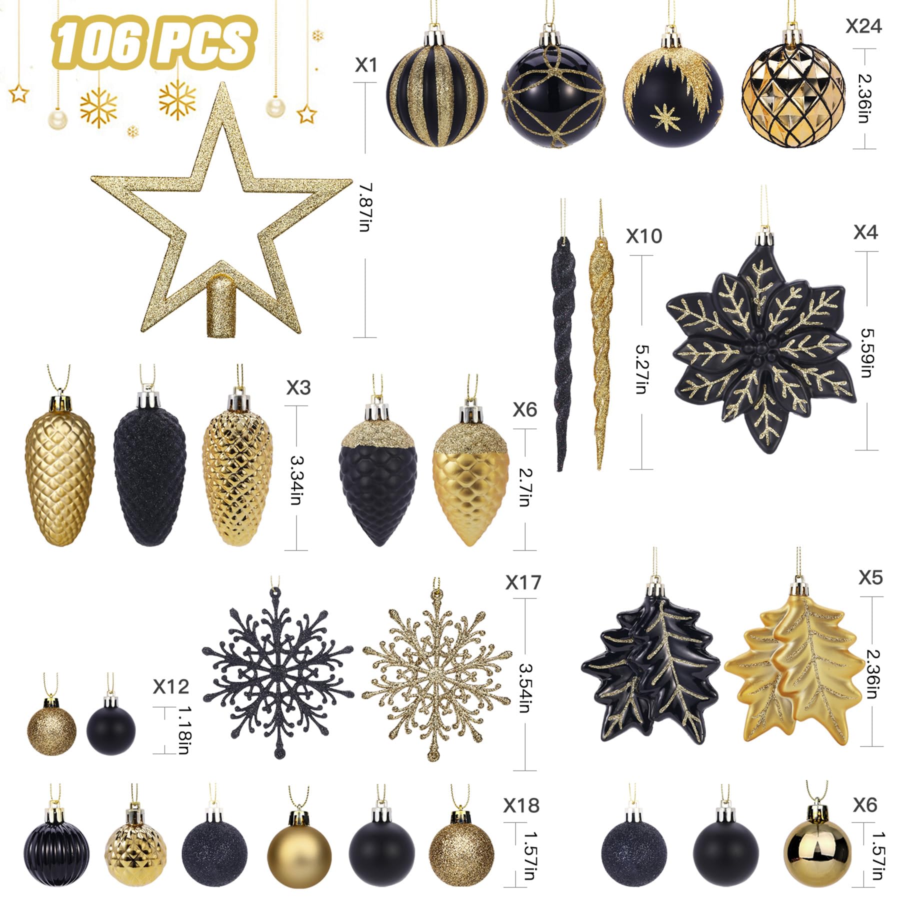 106PCS Black & Gold Christmas Balls Ornaments Set with Hanging Hooks - Image 4