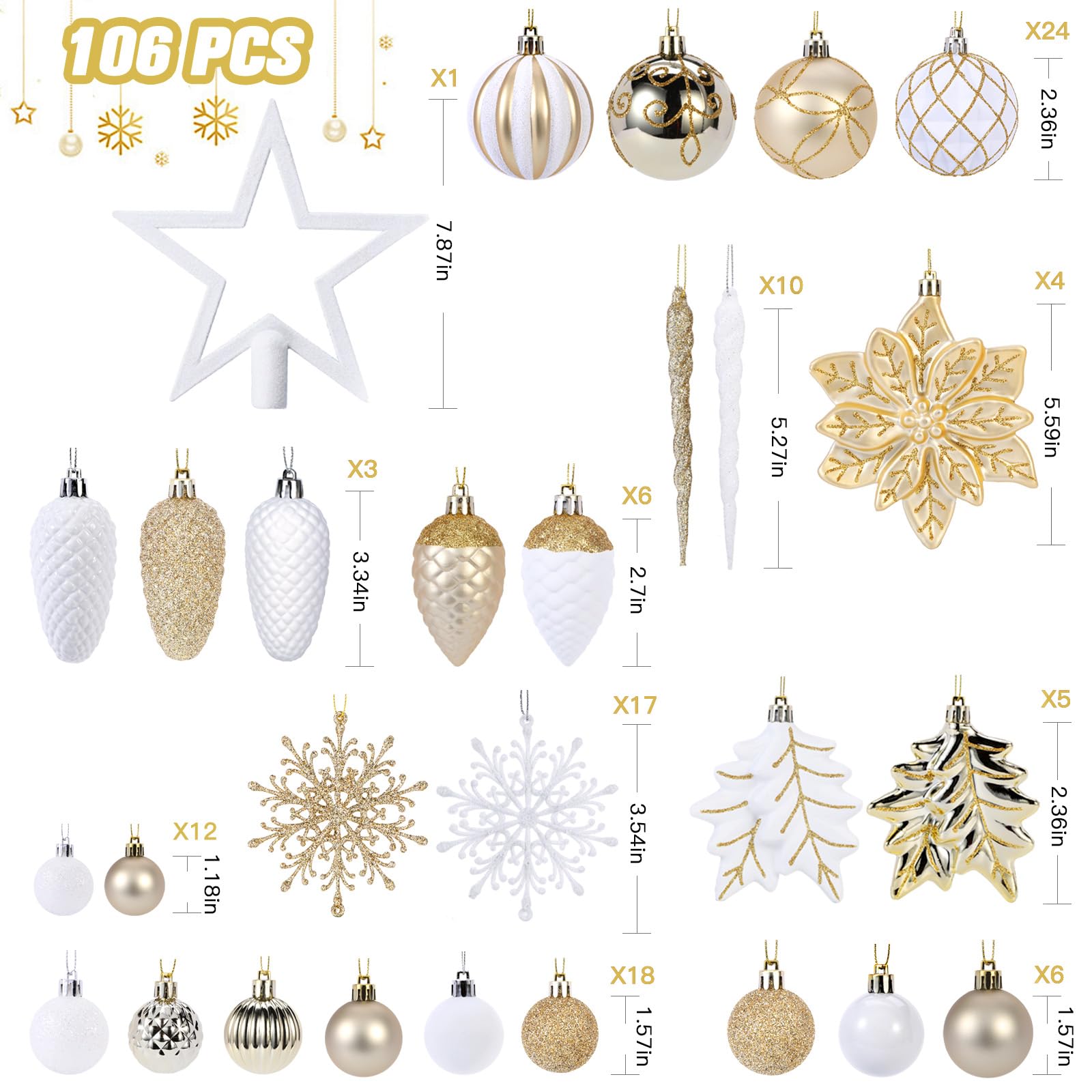 106PCS Gold &White Christmas Balls Ornaments Set with Hanging Hooks - Image 5