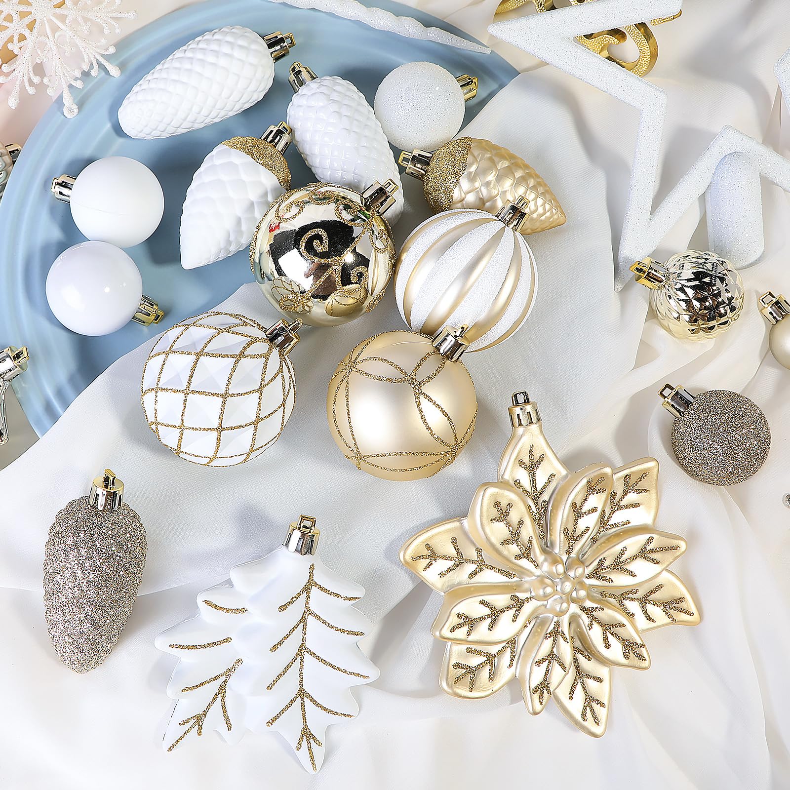 106PCS Gold &White Christmas Balls Ornaments Set with Hanging Hooks - Image 2