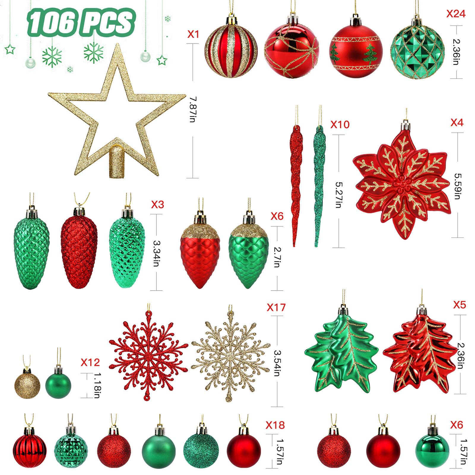 106PCS Red Green Gold Christmas Balls Ornaments Set, with Hanging Hooks - Image 2