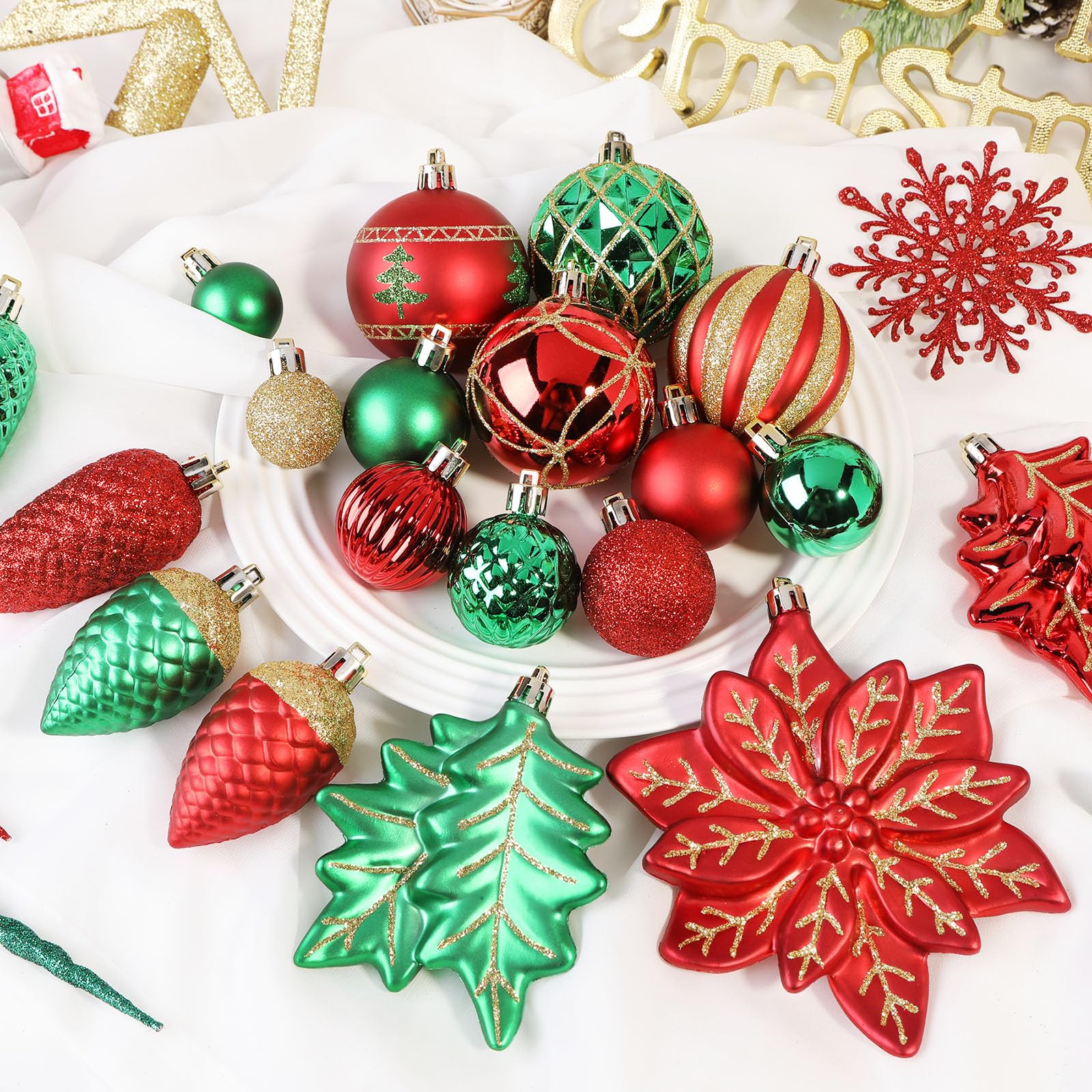 106PCS Red Green Gold Christmas Balls Ornaments Set, with Hanging Hooks - Image 3