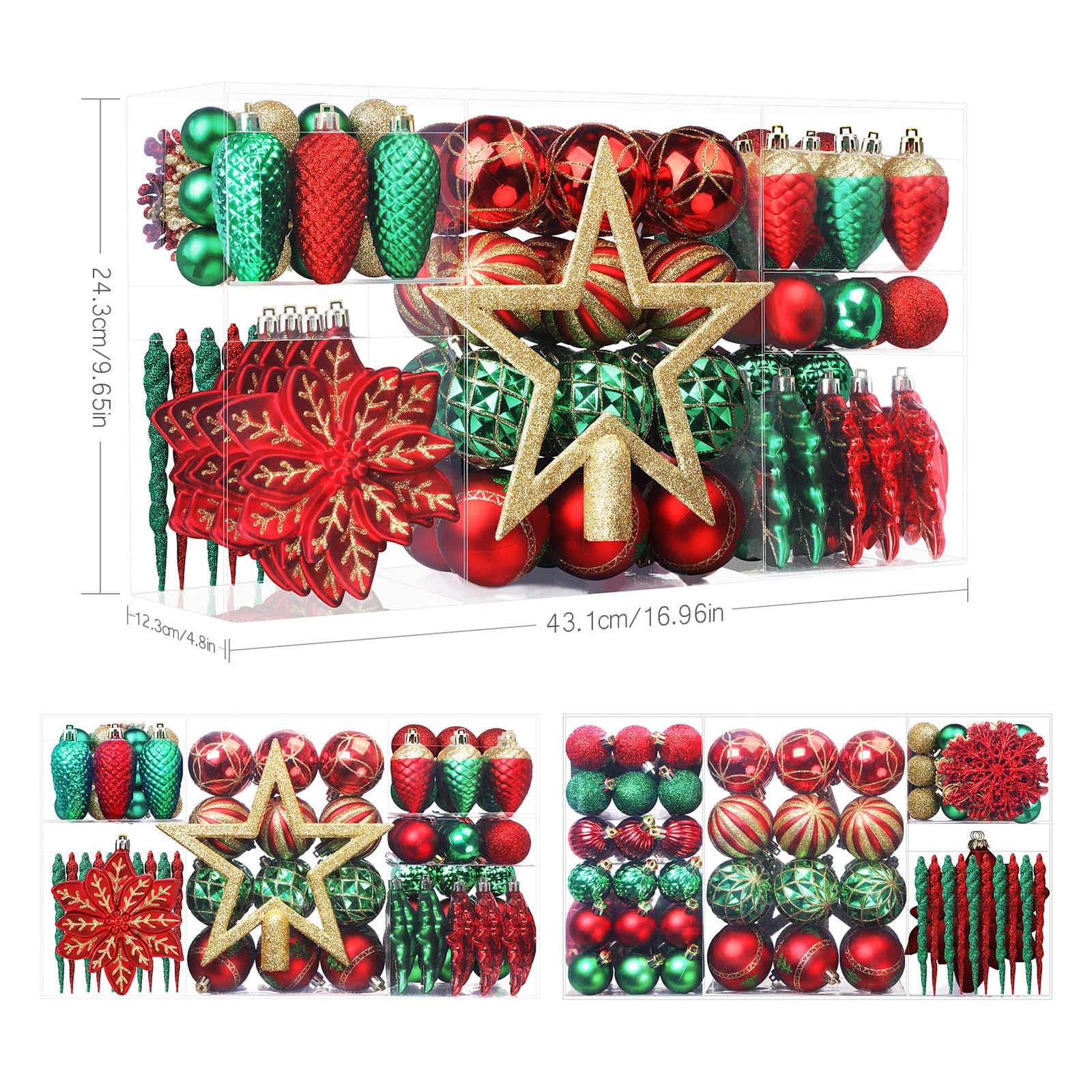 106PCS Red Green Gold Christmas Balls Ornaments Set, with Hanging Hooks - Image 5