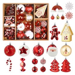 65pcs Gold & Red, White Candy House Christmas Balls Ornaments Set with Hanging Strings