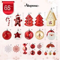 Alternative view of 65pcs Gold & Red, White Candy House Christmas Balls Ornaments Set with Hanging Strings