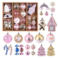 65pcs Macaron Pink Candy House Christmas Balls Ornaments Set with Hanging Strings