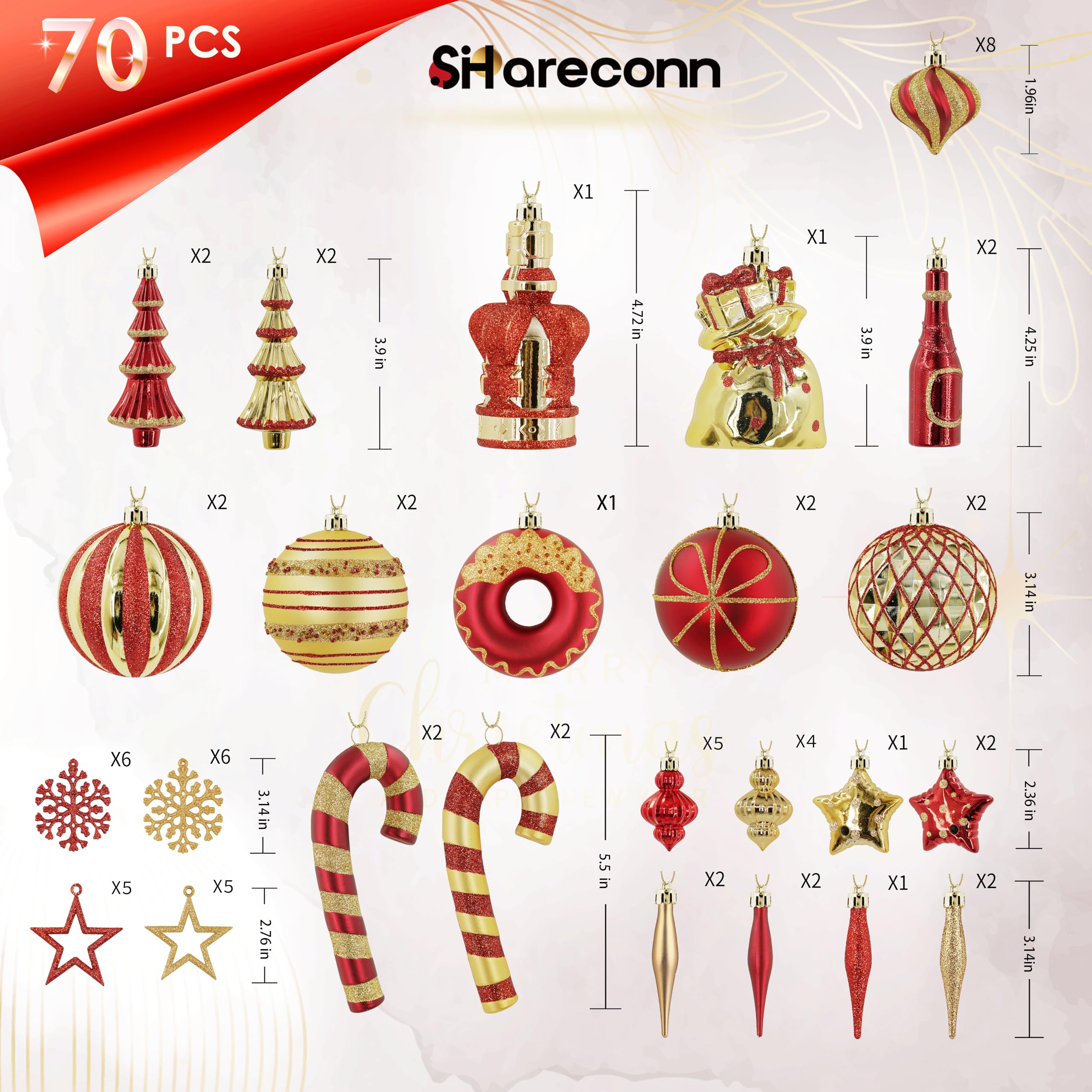 70 Pcs Red and Gold Snowflakes, Five-pointed Stars, Canes Christmas Ball Ornament Set - Image 6