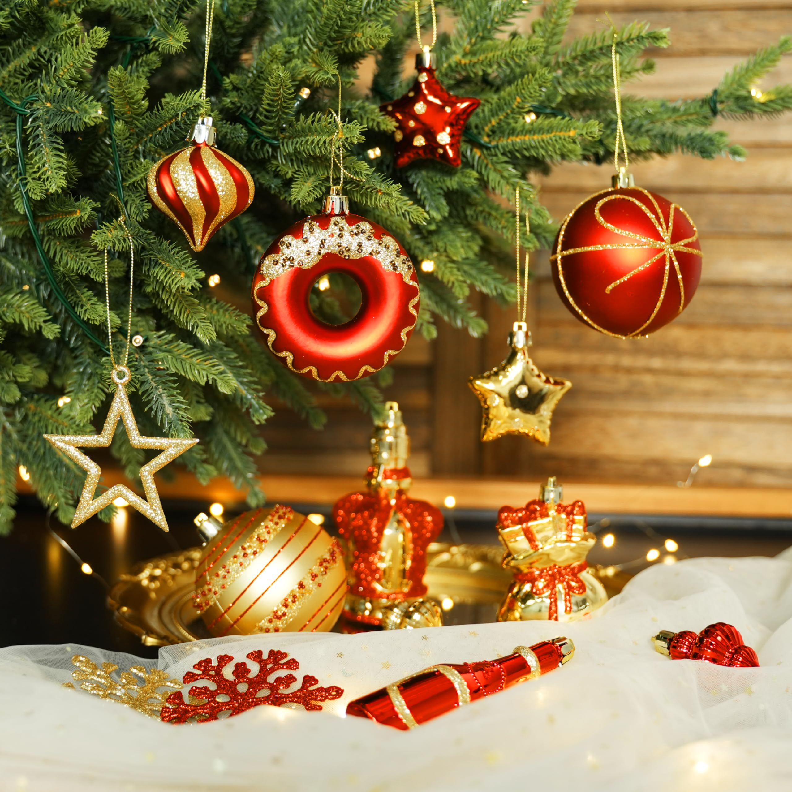 70 Pcs Red and Gold Snowflakes, Five-pointed Stars, Canes Christmas Ball Ornament Set - Image 3