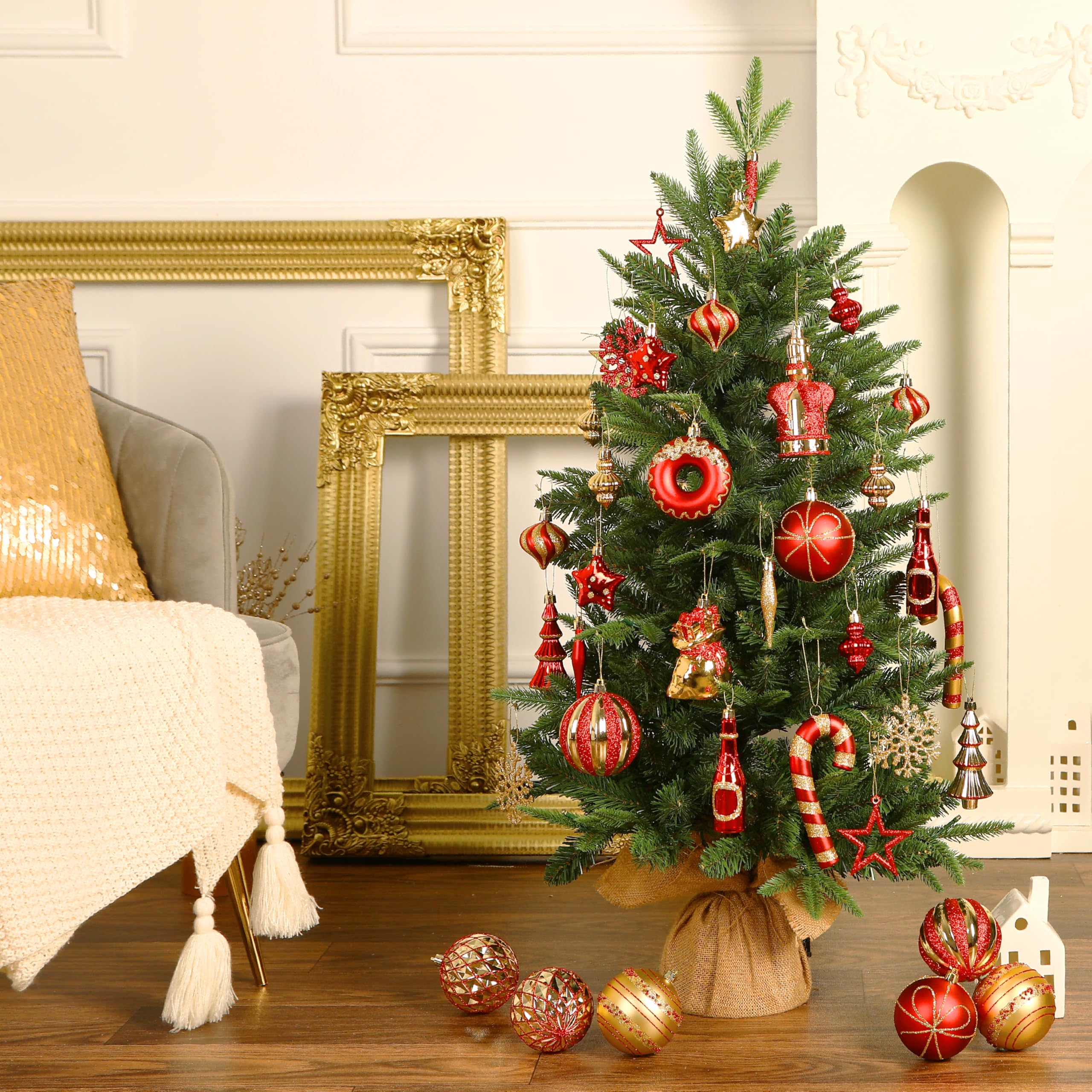 70 Pcs Red and Gold Snowflakes, Five-pointed Stars, Canes Christmas Ball Ornament Set - Image 8