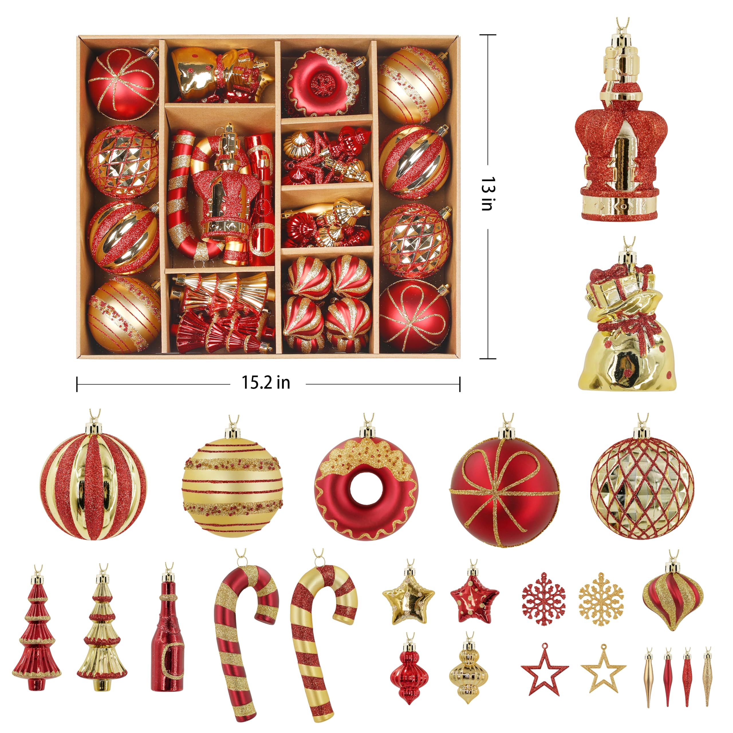 70 Pcs Red and Gold Snowflakes, Five-pointed Stars, Canes Christmas Ball Ornament Set - Image 5