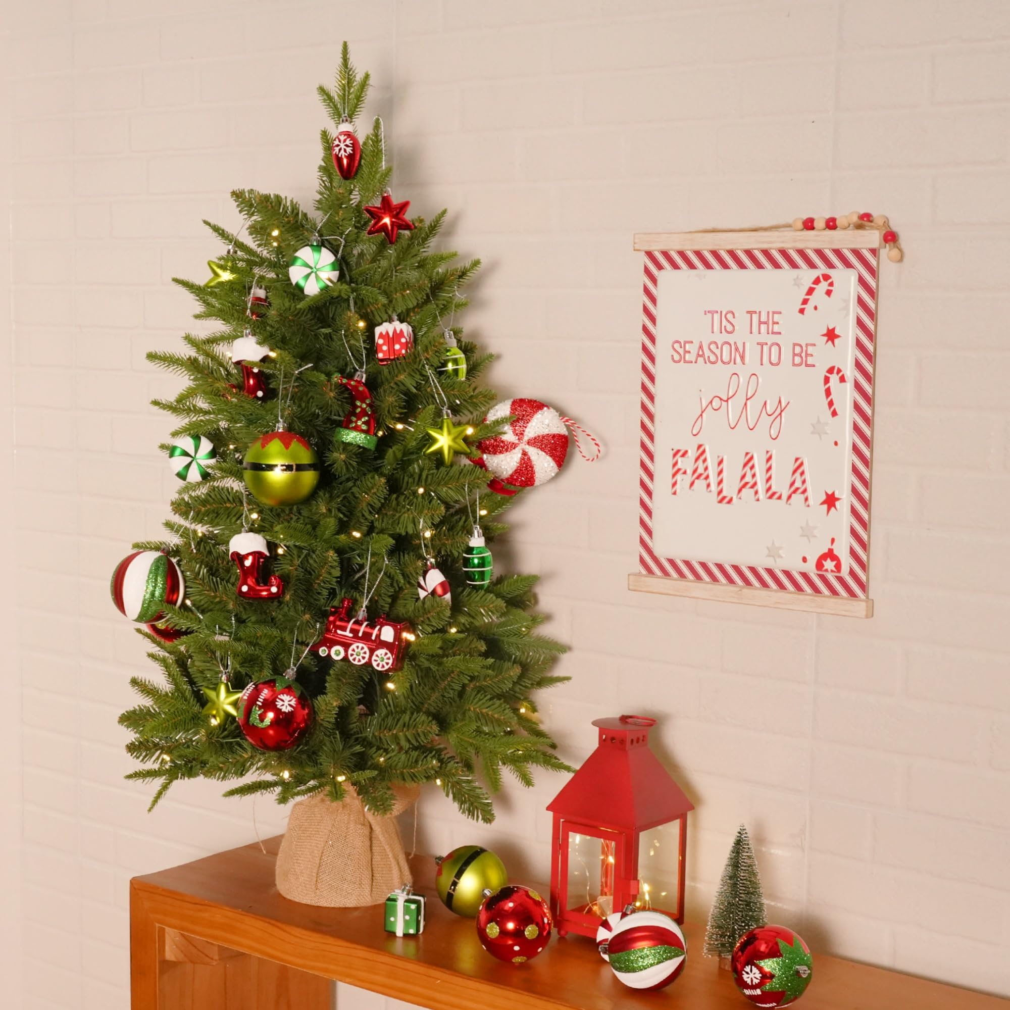 75 Pcs Red Green & White Miniature Trains, Boots, and Santa Hats Christmas Balls Ornaments Set - Image 8