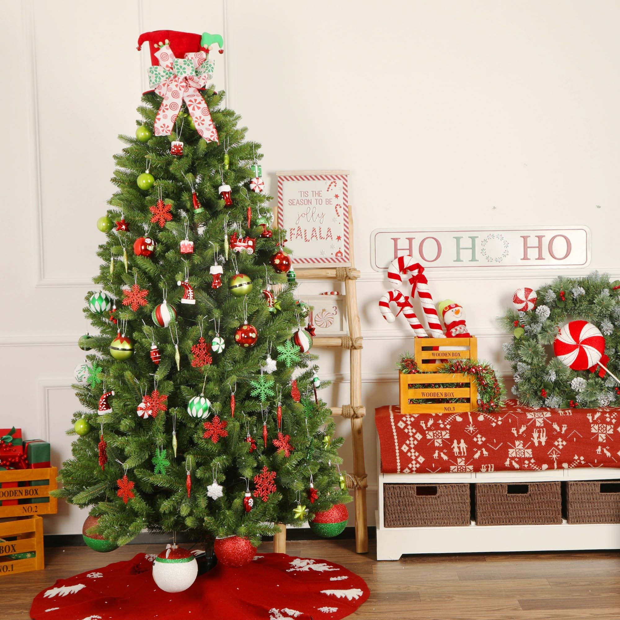 75 Pcs Red Green & White Miniature Trains, Boots, and Santa Hats Christmas Balls Ornaments Set - Image 6