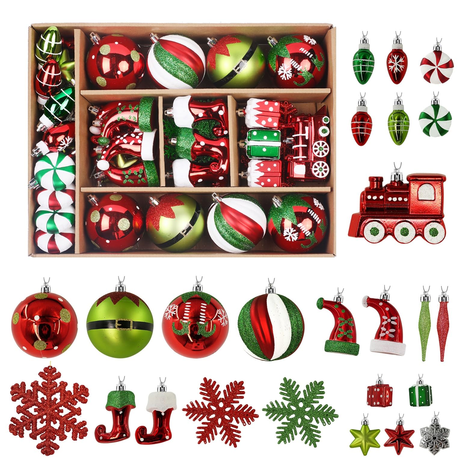 75 Pcs Red Green & White Miniature Trains, Boots, and Santa Hats Christmas Balls Ornaments Set - Image 3
