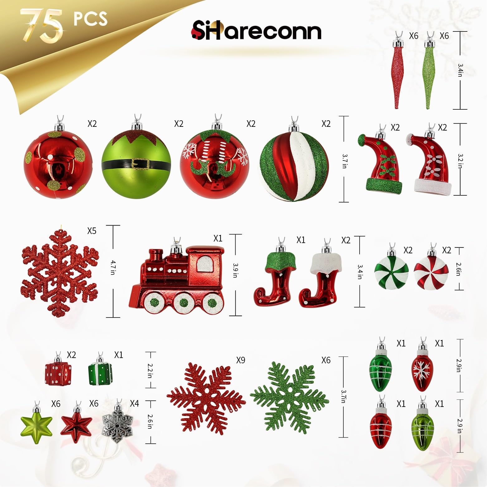 75 Pcs Red Green & White Miniature Trains, Boots, and Santa Hats Christmas Balls Ornaments Set - Image 2