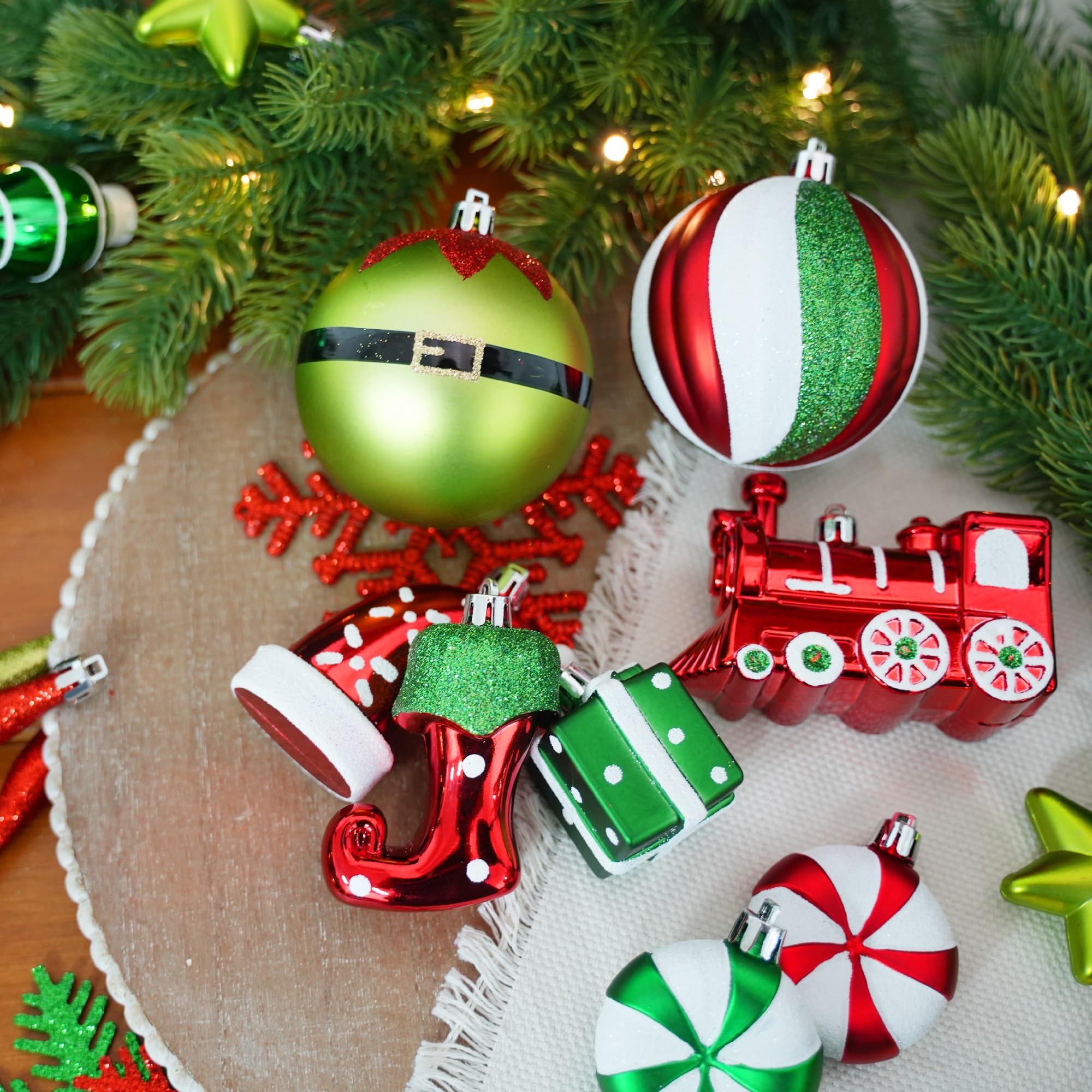 75 Pcs Red Green & White Miniature Trains, Boots, and Santa Hats Christmas Balls Ornaments Set - Image 5