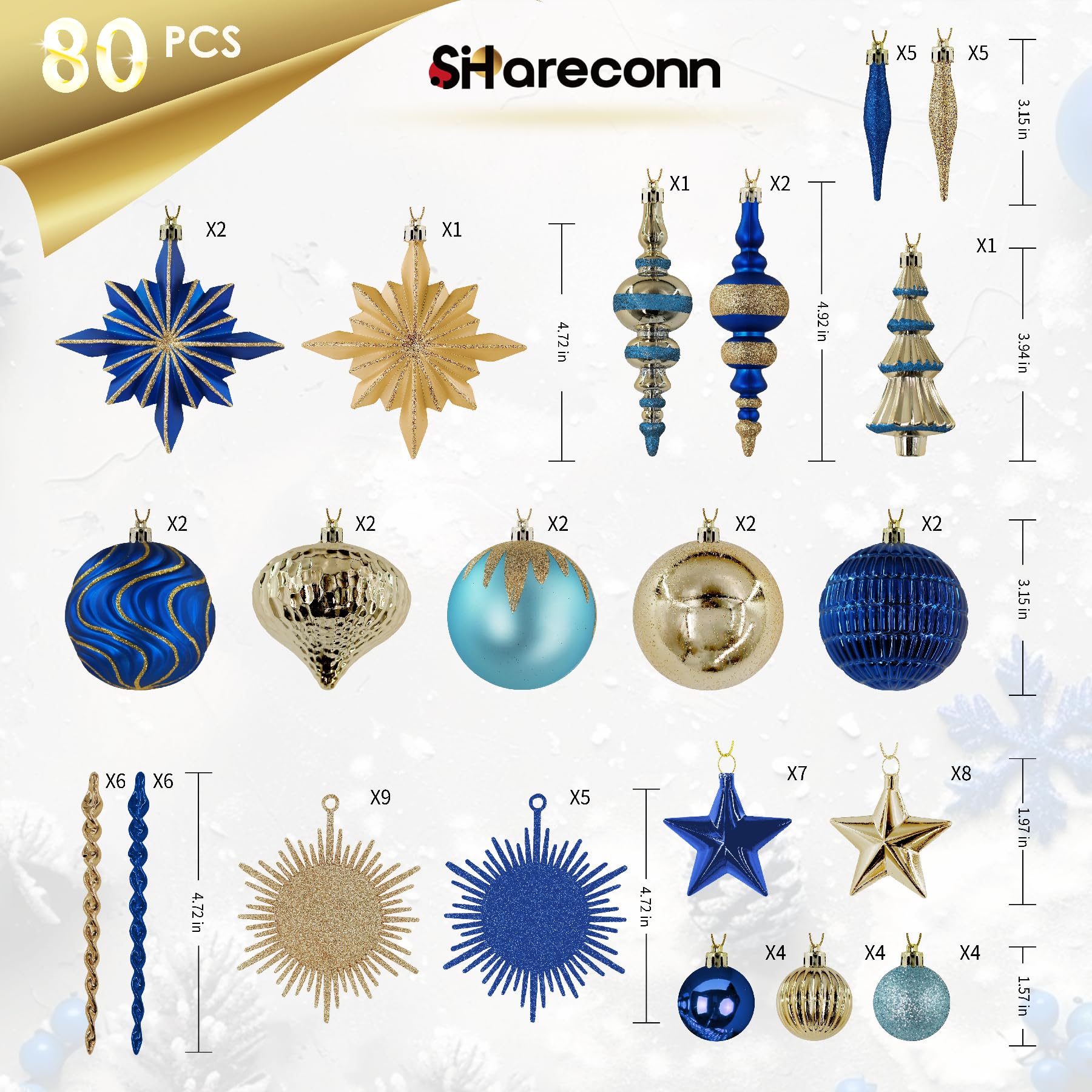 80ct Blue and Gold Christmas Ball Ornament Set - Image 6