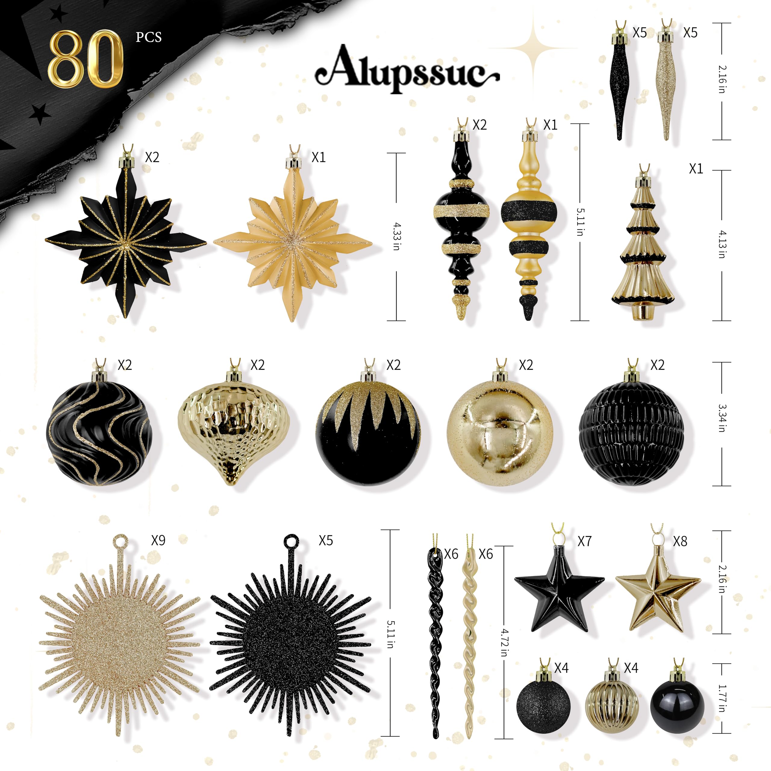 80pcs Black and Gold Christmas Balls Ornaments Set with Lanyards - Image 3