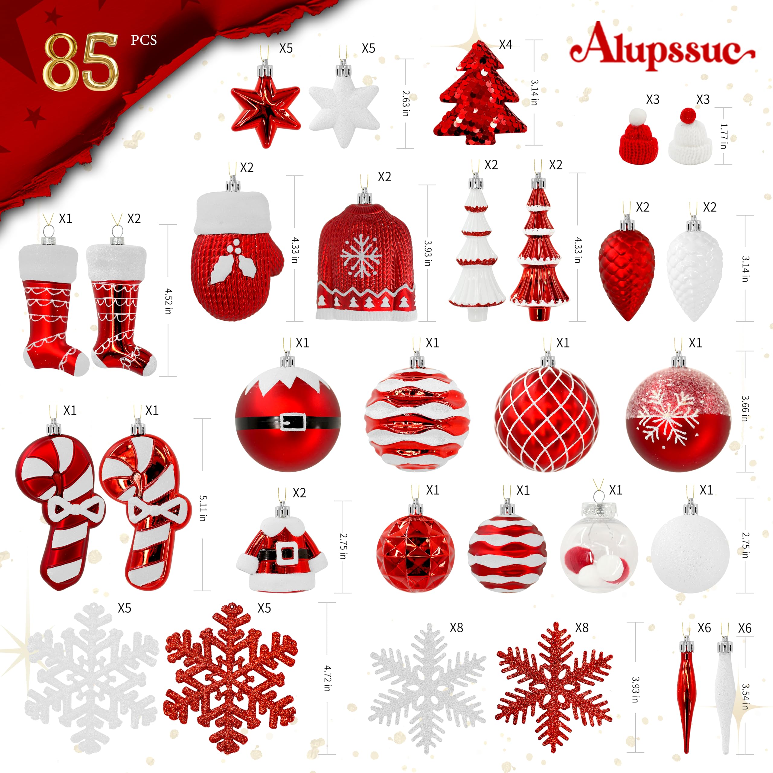 85ct Red & White Christmas Balls Ornaments Set with Hanging Strings - Image 3