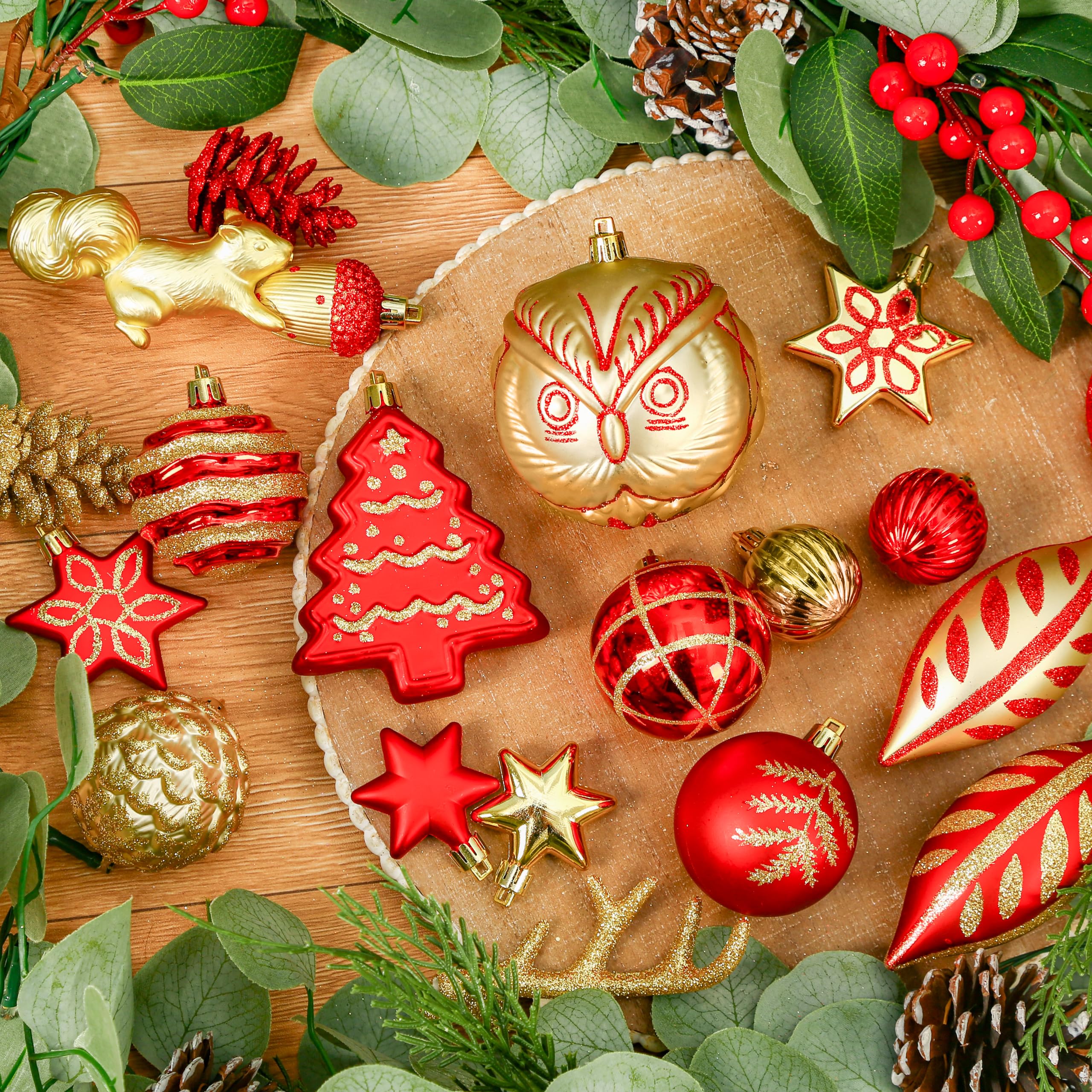 96pcs Red & Gold Forest Theme and Animal Designs Christmas Tree Ornaments Set - Image 2