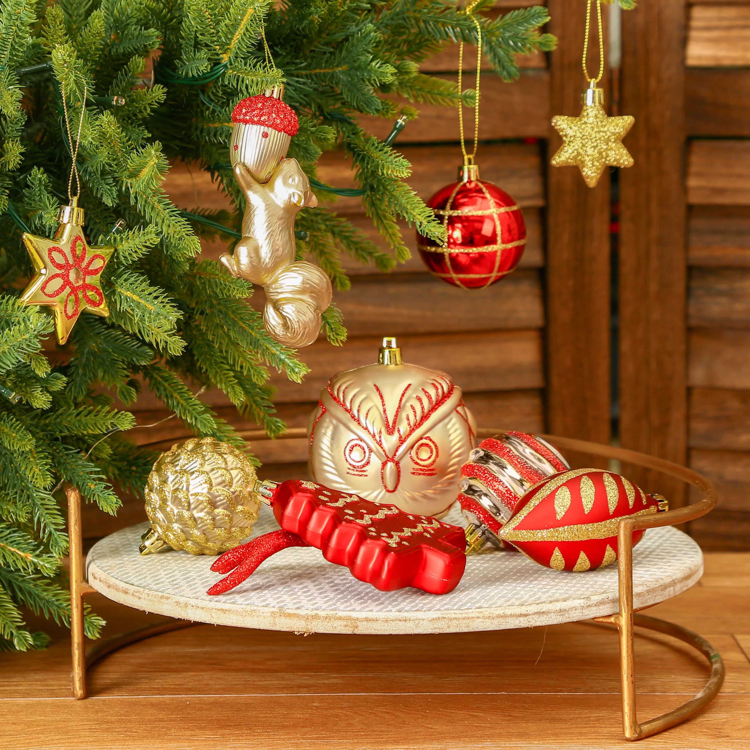 96pcs Red & Gold Forest Theme and Animal Designs Christmas Tree Ornaments Set - Image 5