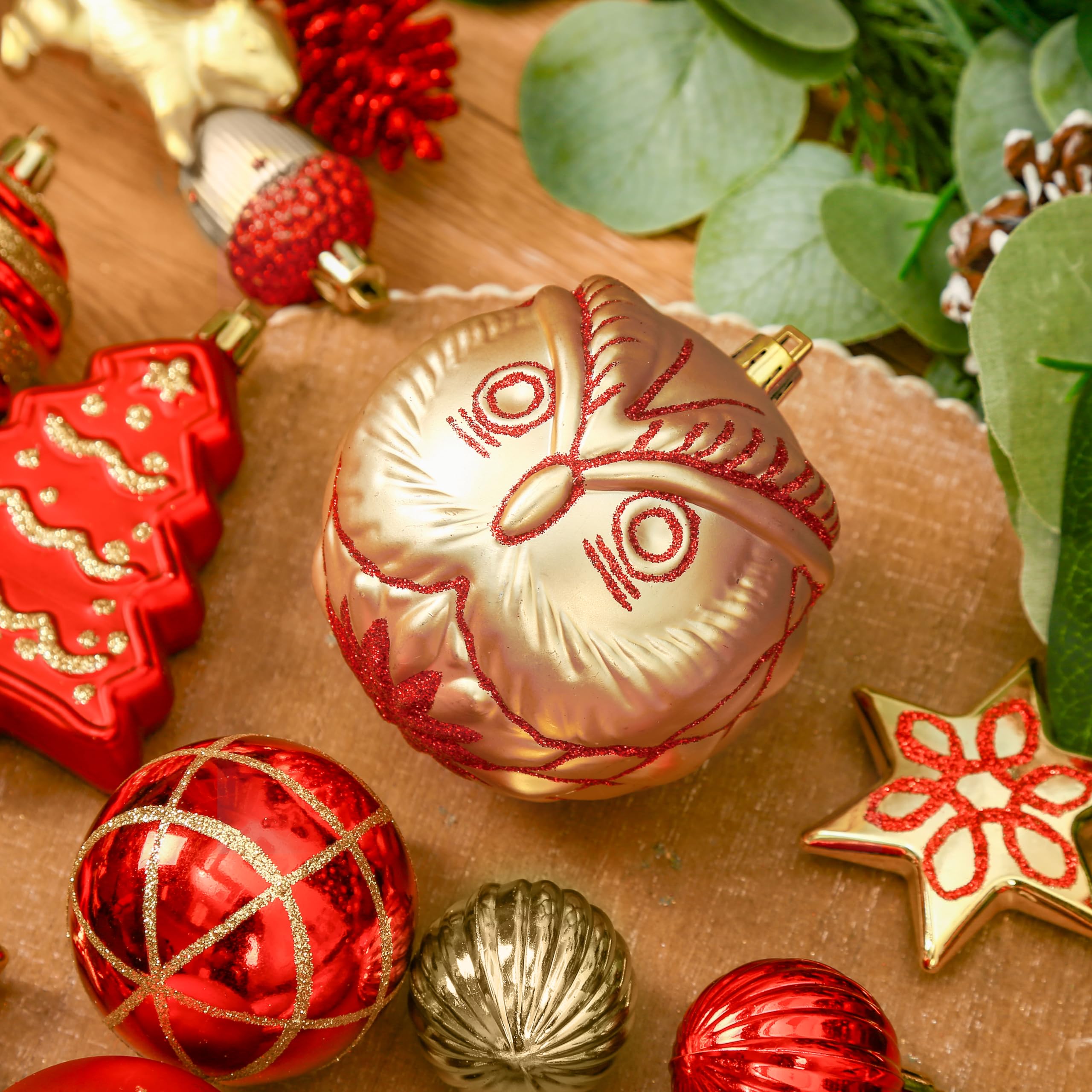 96pcs Red & Gold Forest Theme and Animal Designs Christmas Tree Ornaments Set - Image 8