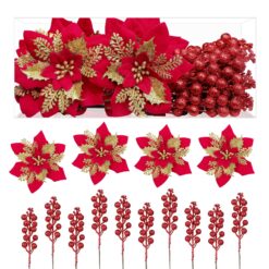 24 Pieces Christmas Tree Decorations 12 PCS Red Poinsettia Flowers Artificial and 12 PCS Glitter Christmas Tree Picks