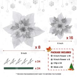 Alternative view of 24 Pcs 6"&9" Silver Large Poinsettia Artificial Christmas Flowers Decorations for Christmas Tree with Clips&Sticks