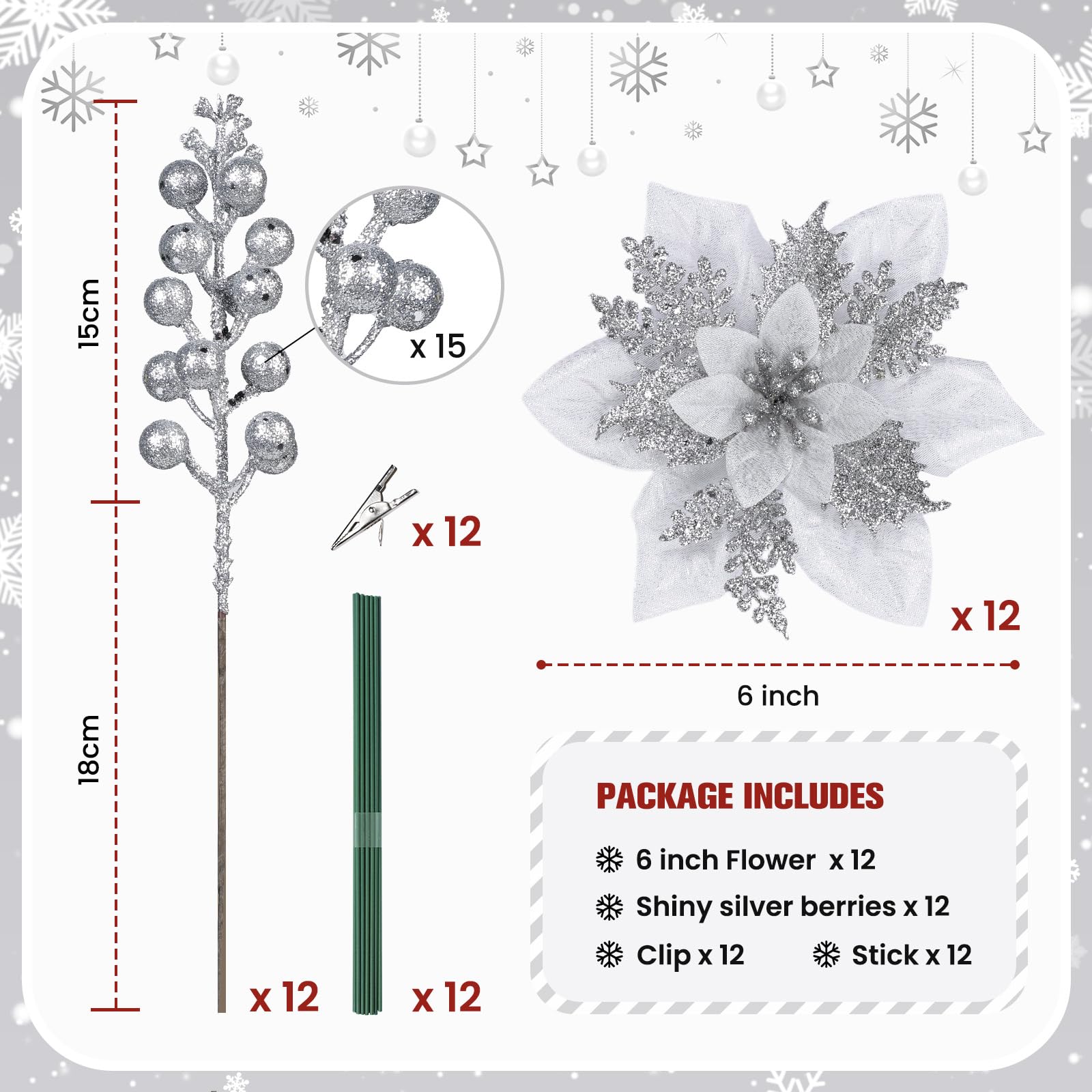24 Pcs Silver Boxed 12Pcs Poinsettias Artificial Christmas Flowers+12Pcs Holly Berry Stems for Christmas Tree Decor - Image 3