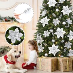 Alternative view of 24 Pcs Silver Boxed 12Pcs Poinsettias Artificial Christmas Flowers+12Pcs Holly Berry Stems for Christmas Tree Decor