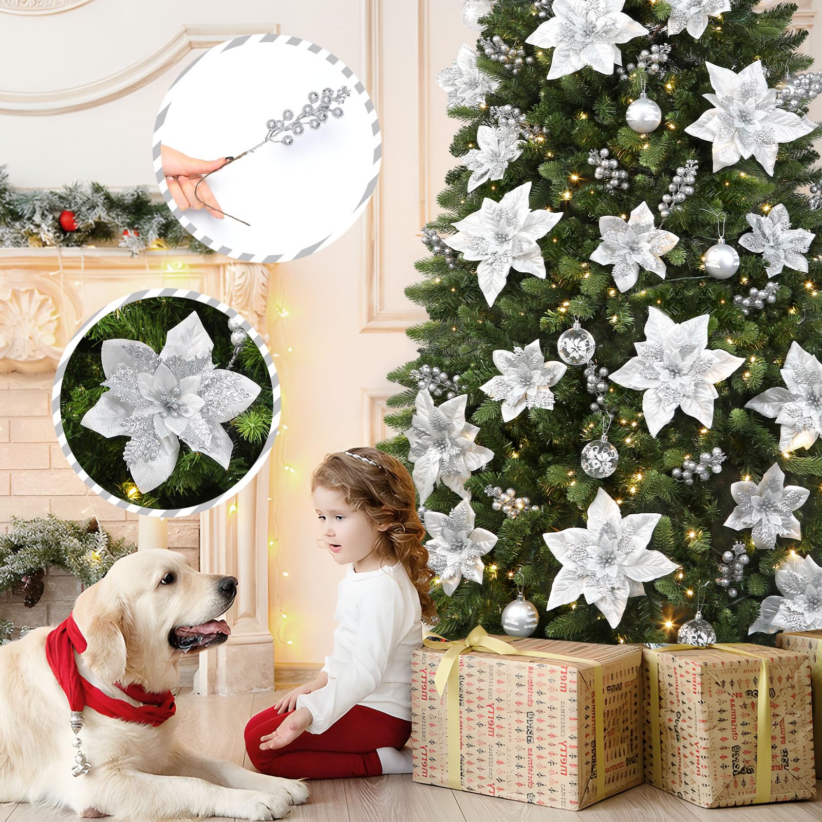 24 Pcs Silver Boxed 12Pcs Poinsettias Artificial Christmas Flowers+12Pcs Holly Berry Stems for Christmas Tree Decor - Image 2