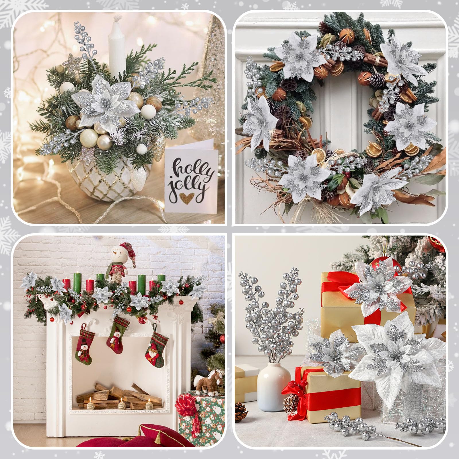 24 Pcs Silver Boxed 12Pcs Poinsettias Artificial Christmas Flowers+12Pcs Holly Berry Stems for Christmas Tree Decor - Image 6